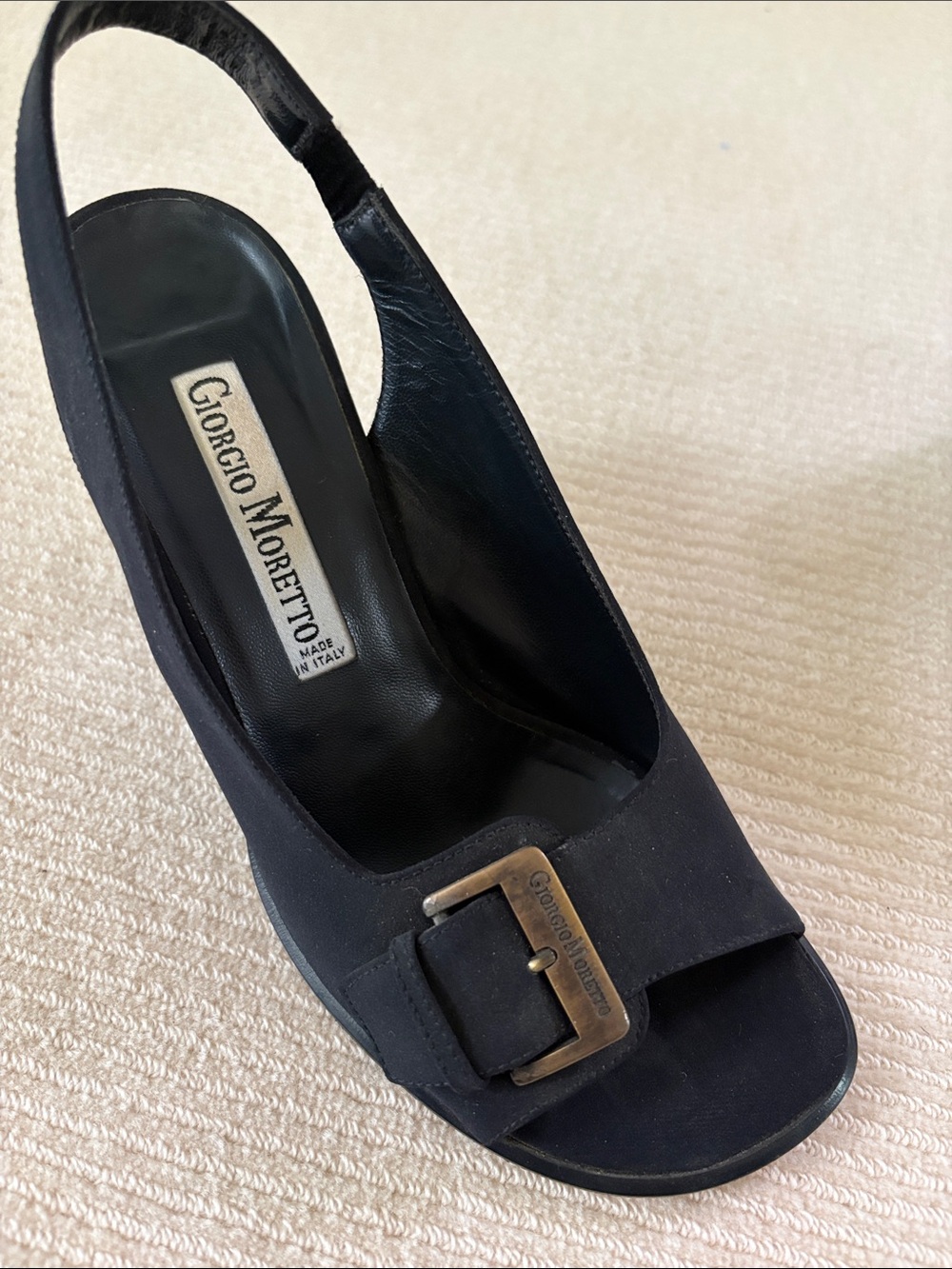 Giorgio Moretto Black Slingback Peep-Toe Heel Sandals with Decorative Buckle